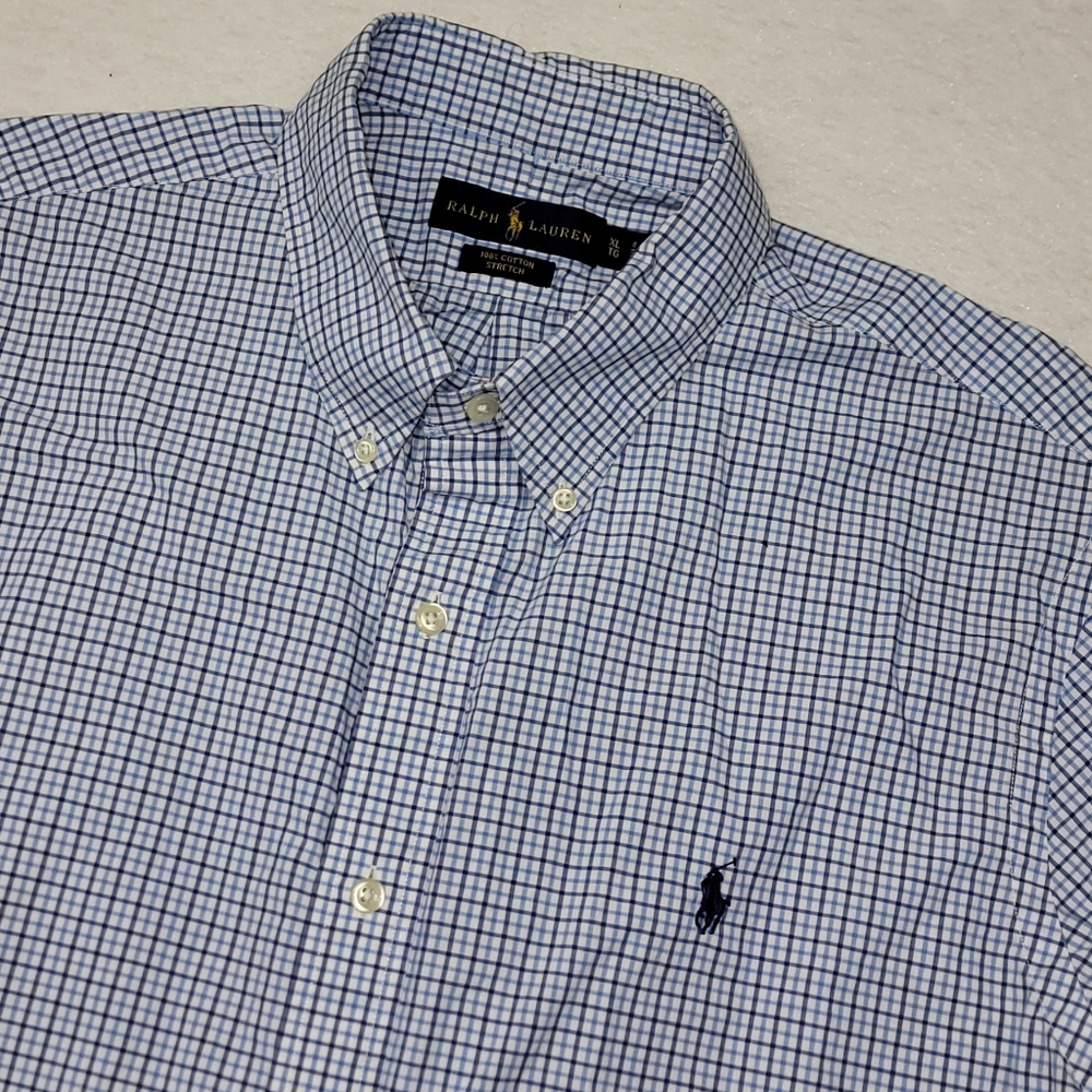 Polo Ralph Lauren Men's XL Blue White Plaid Long Sleeve Cotton Stretch Button
